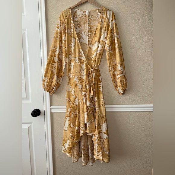 H&M High Low Midi Wrap Dress Yellow Ivory Artsy Abstract Print Size Small - Picture 6 of 7